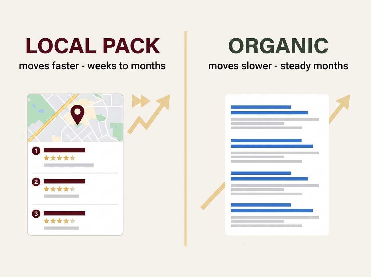 The Google local pack moves faster than organic results, which climb more slowly over months