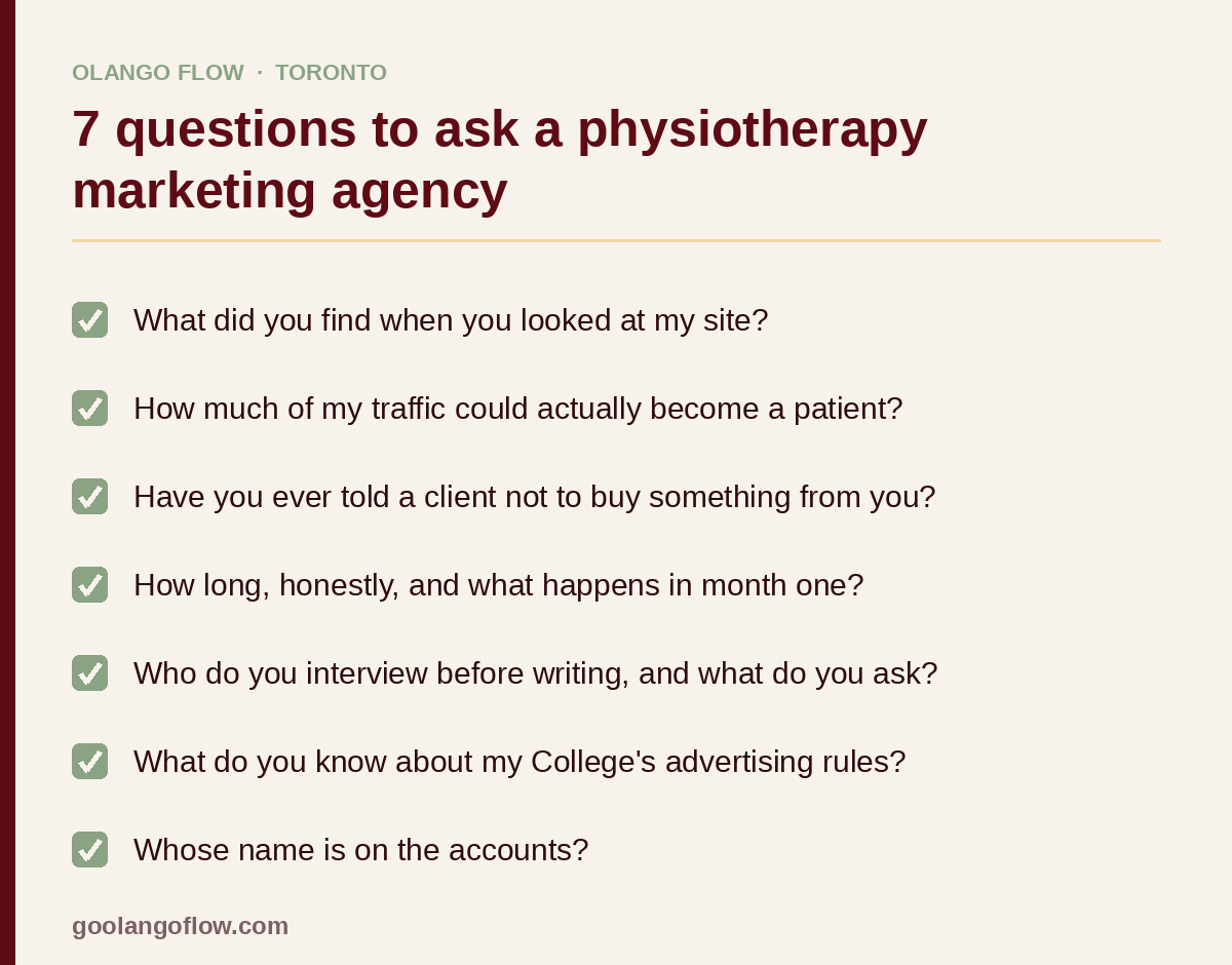 Checklist of the seven questions to ask a physiotherapy marketing agency in Toronto before you hire one