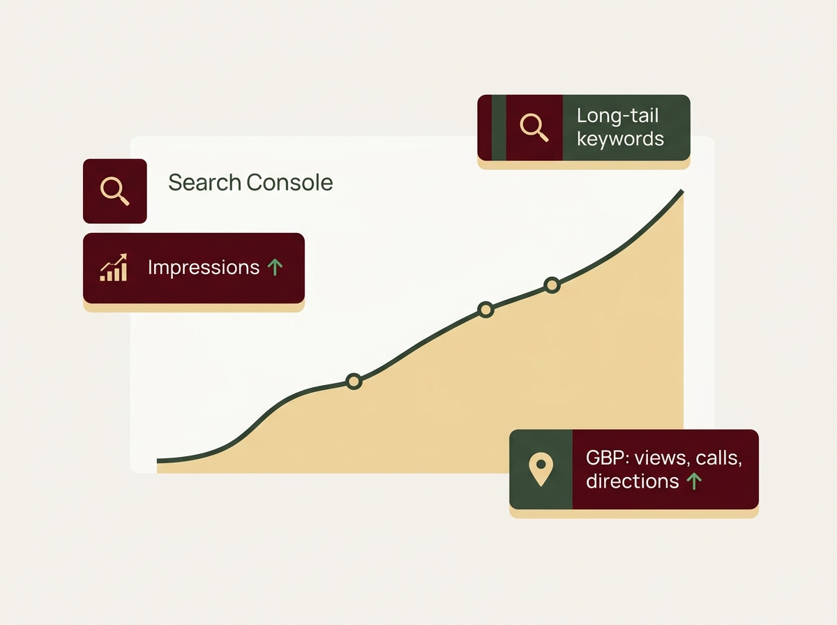 Early SEO signals: rising impressions in Search Console, long-tail keywords, and growing Google Business Profile views, calls and directions