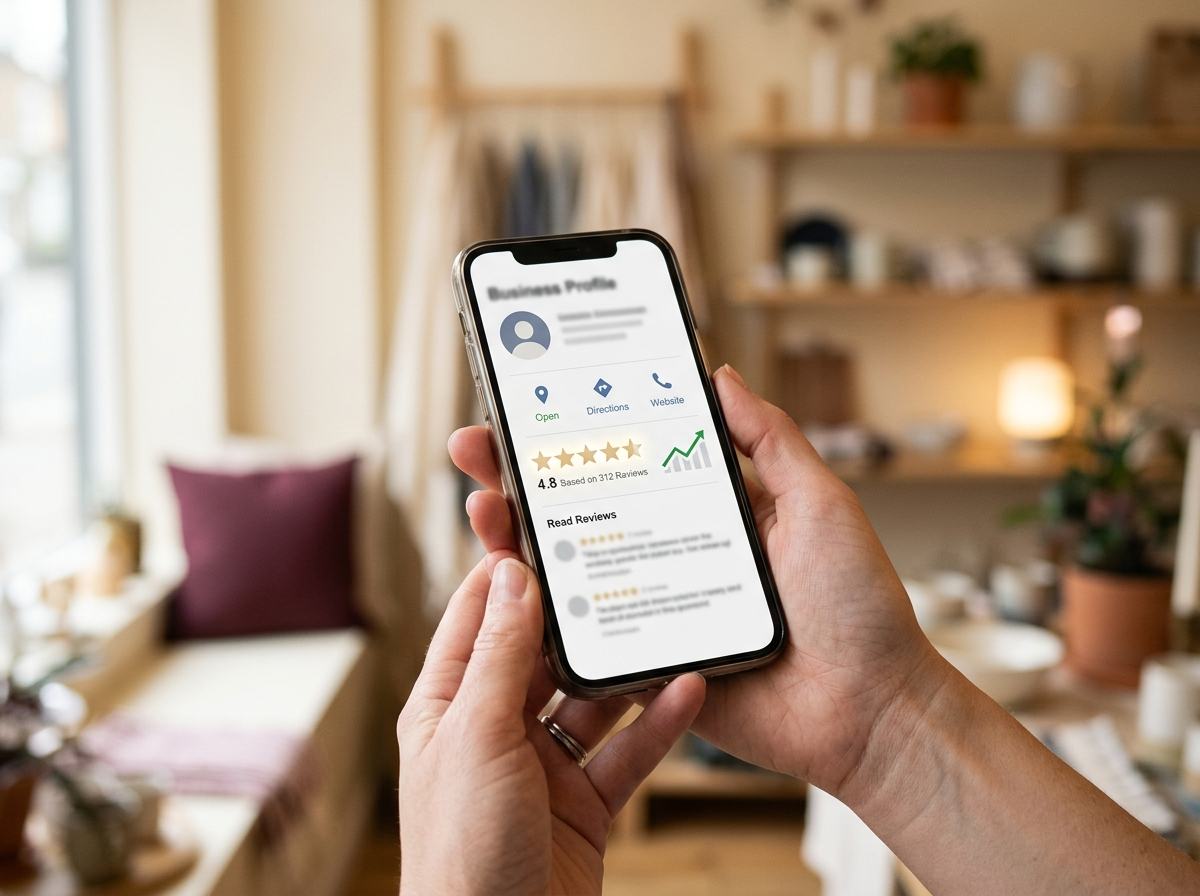 A phone showing a local business profile with a strong star rating and recent reviews