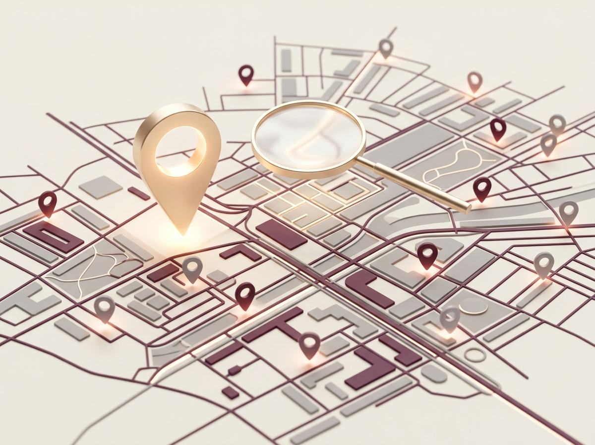 A local map with one business pin highlighted in gold above the rest